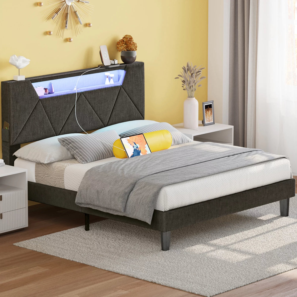 Grey Upholstered Platform Bed Frame with Storage Headboard W855992