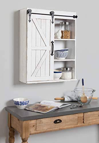 Rustic White Wood Wall Storage Cabinet with Sliding Barn Door F2988