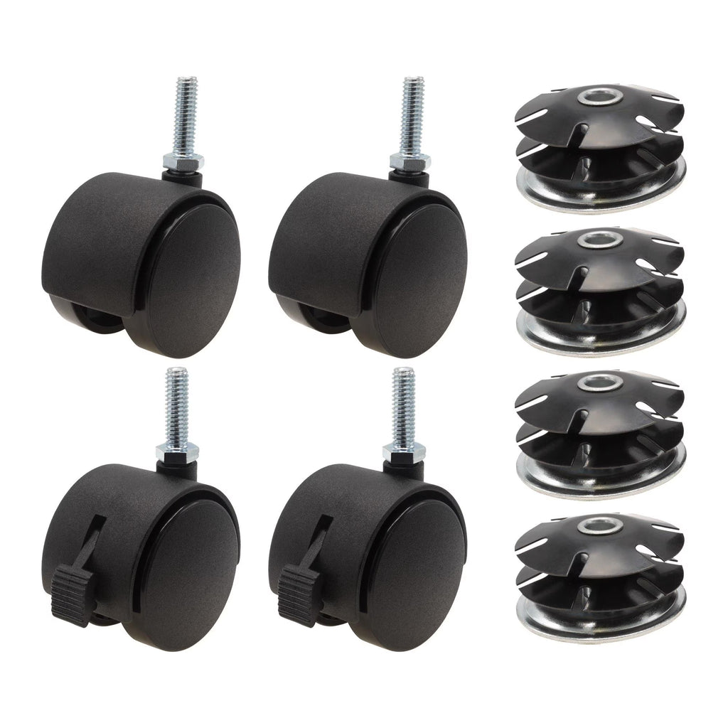 2" Round Metal Double Star Caster Inserts, 5/16-18 x 1" Threaded Stem, 2" Swivel Hooded Twin Casters, Durable Nylon, 2 With Brakes and 2 Without Brakes U80677