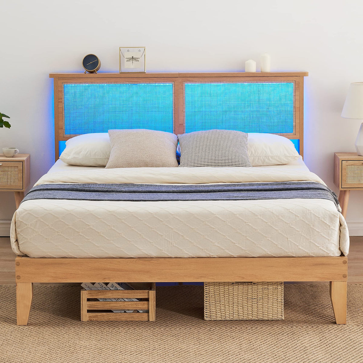 Full Size Rattan Headboard Platform Bed Frame with Storage S98717