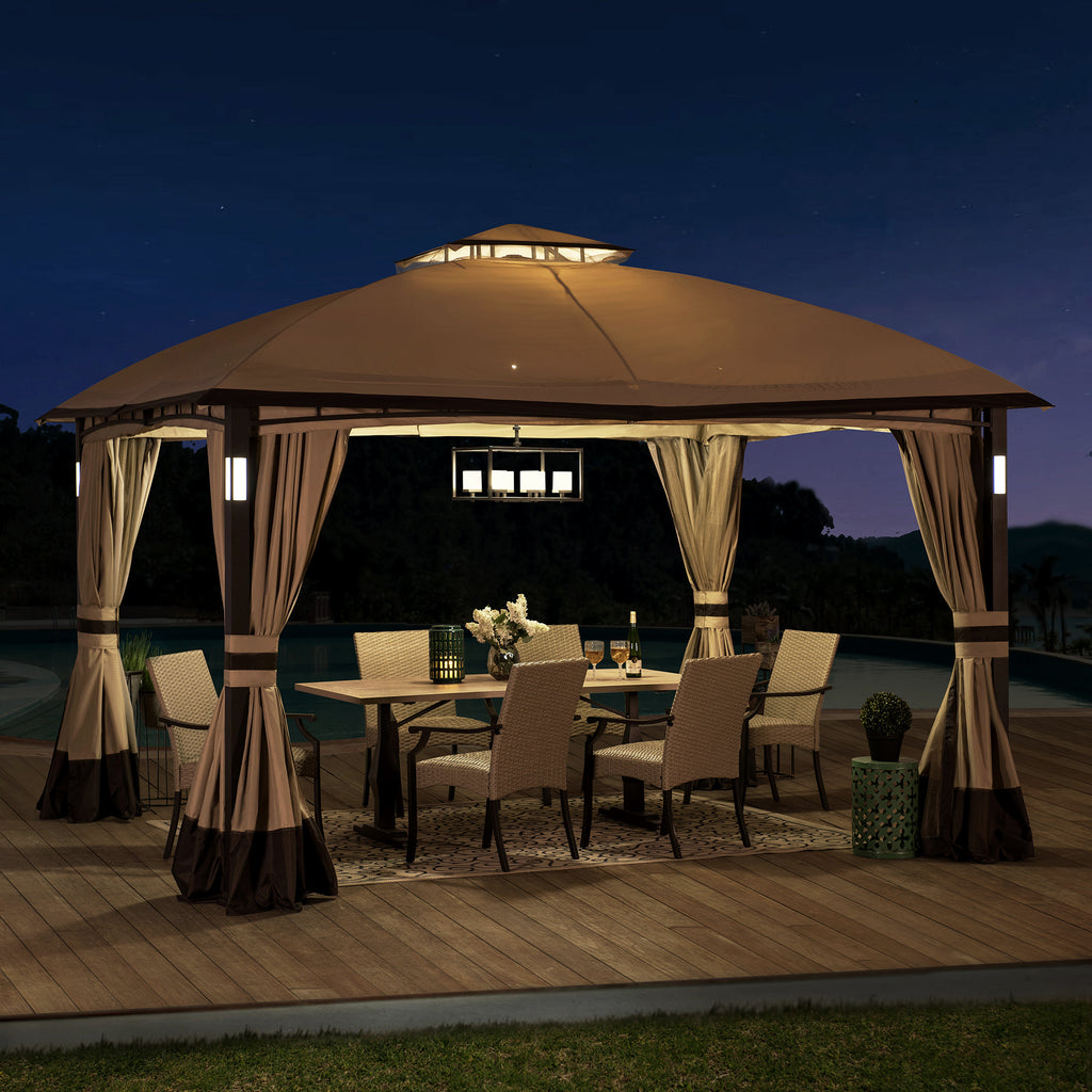 Tan and Brown 10 ft. x 12 ft. Gazebo with LED Lighting and Bluetooth Sound L678