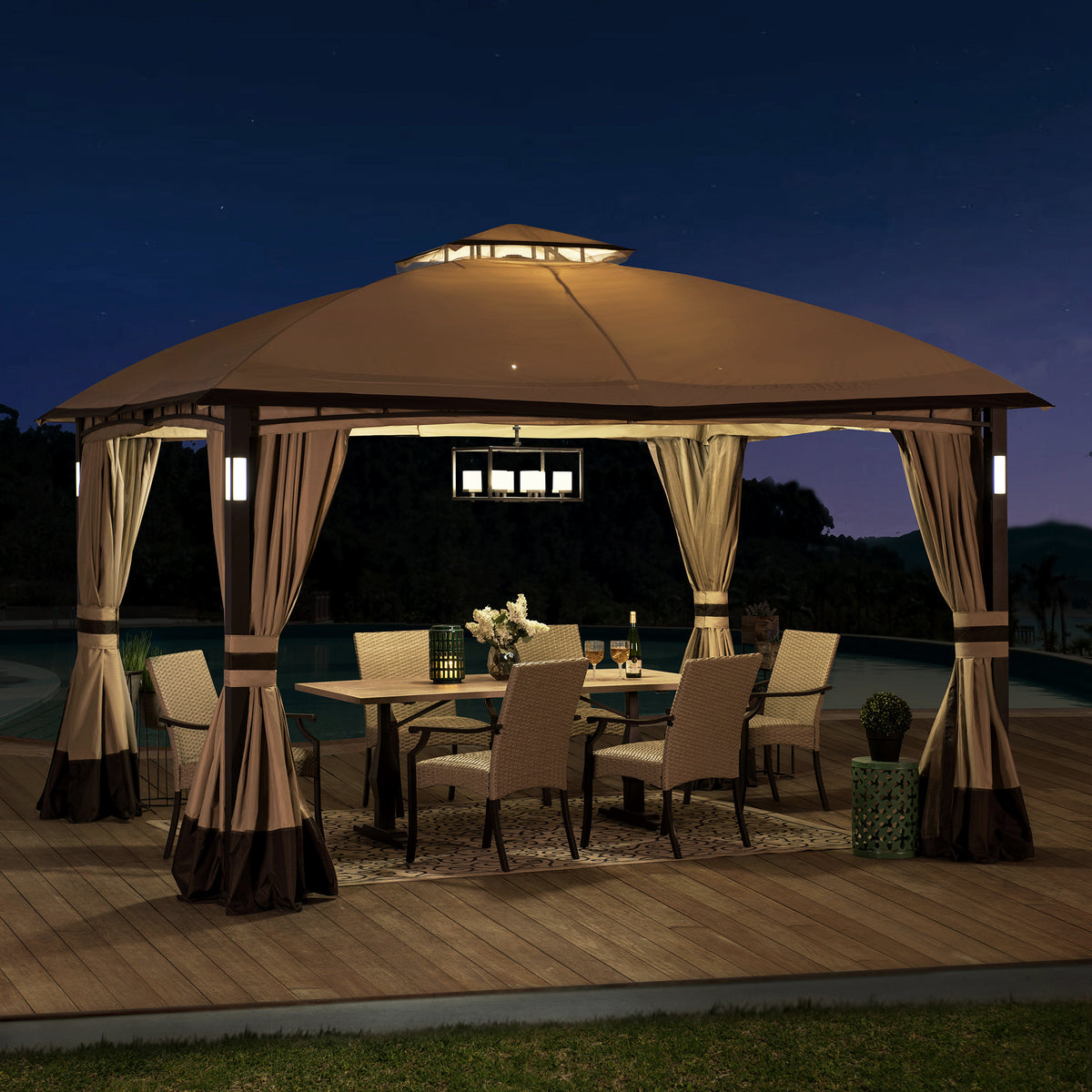 Tan and Brown 10 ft. x 12 ft. Gazebo with LED Lighting and Bluetooth Sound L678