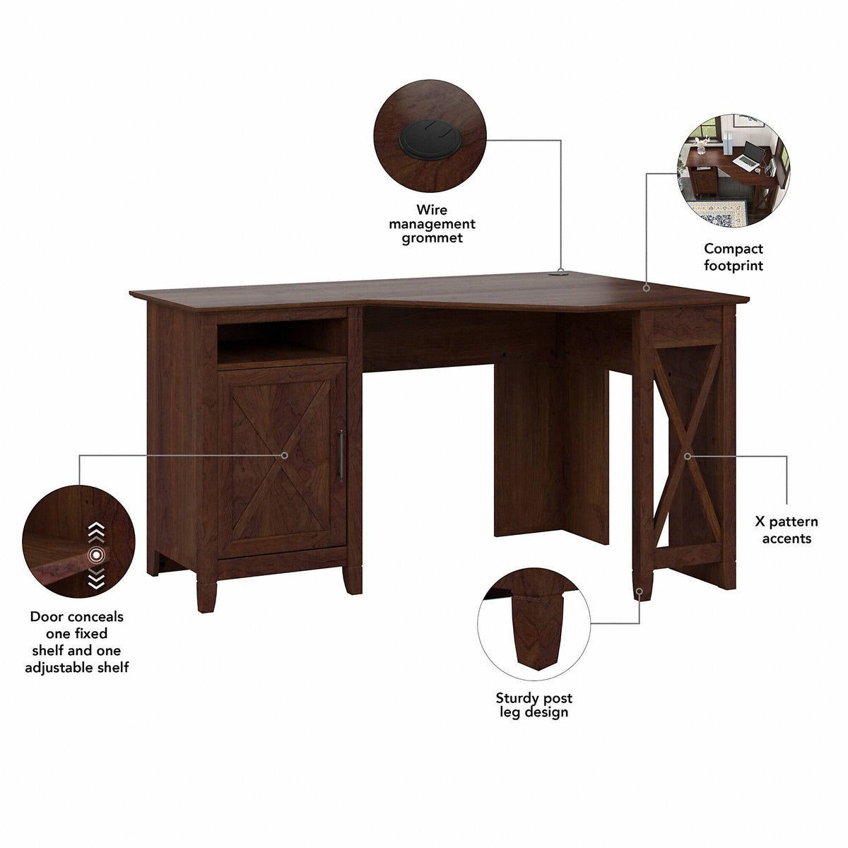 Corner Computer Desk with Storage in Bing Cherry M9580