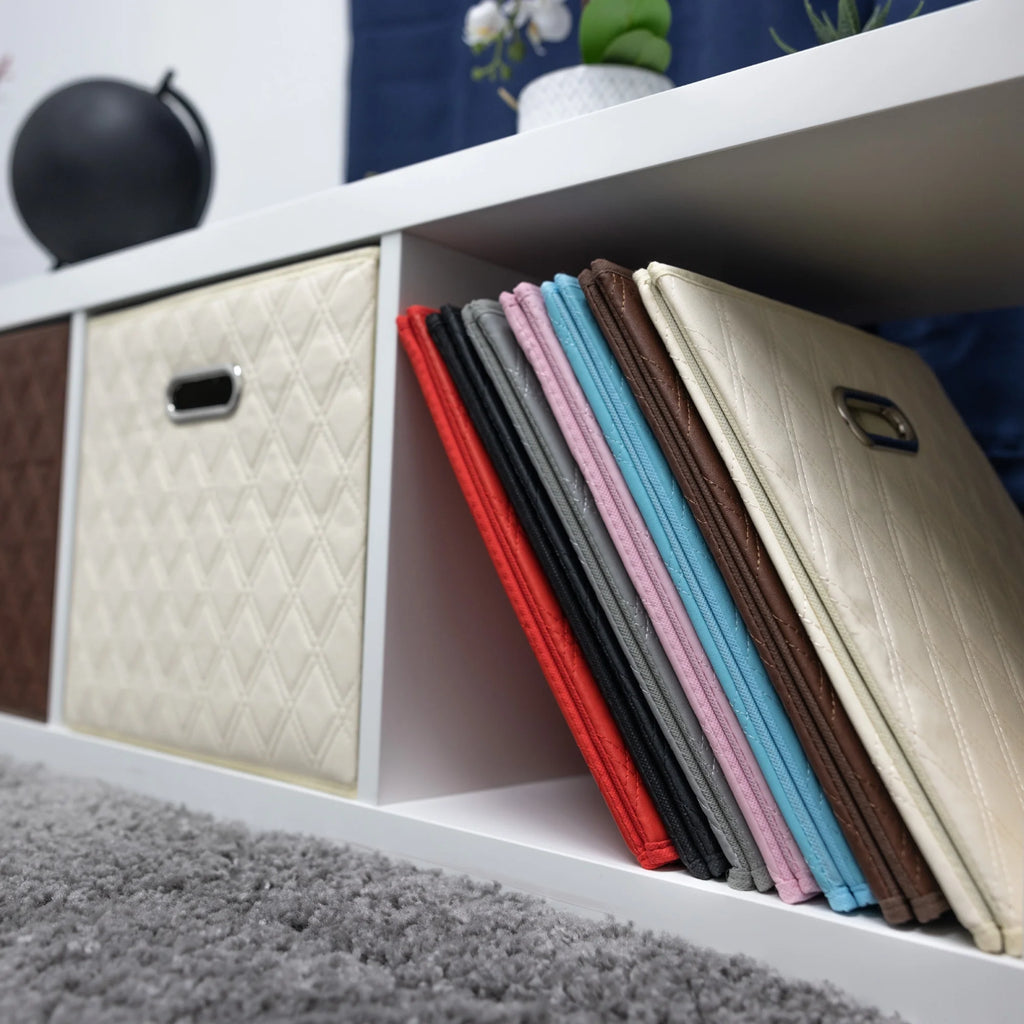 Small 11-inch Black Foldable Faux Leather Storage Cube Bins Set of Four with Handles Q96313