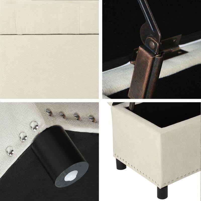 Beige Linen Storage Ottoman Bench with Nailhead Trim C182