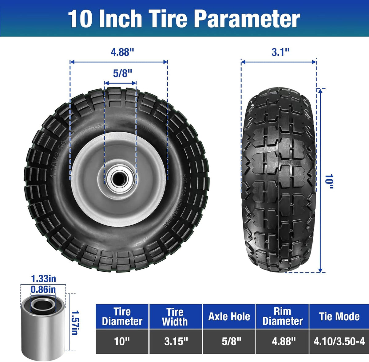 4 Pcs 10 Flat Free Tires Solid Non-inflated Tires Wheels with 5/8 Ball Bearings H643993