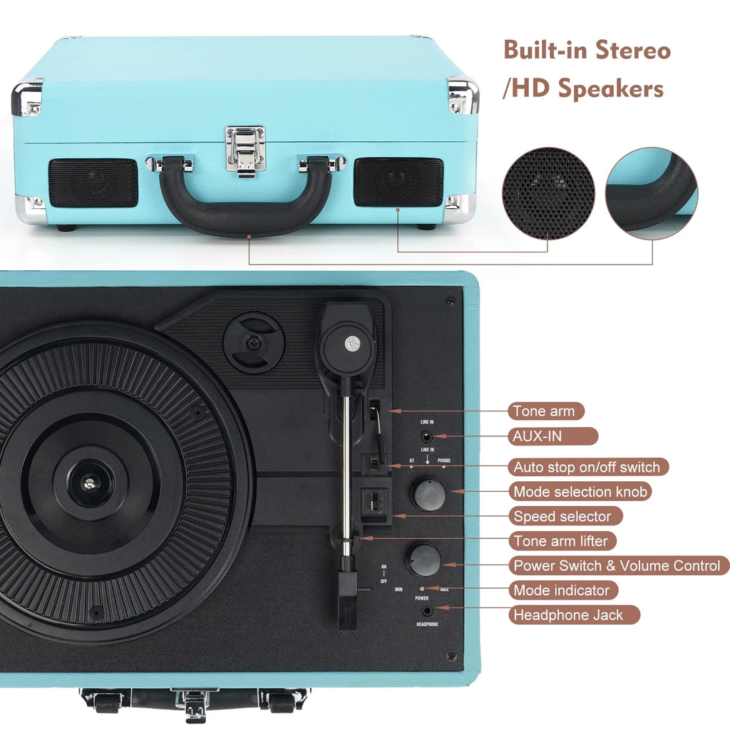 Bluetooth Record Player Turntable with Built-in Stereo Speakers, Suitcase Design - Blue U579309