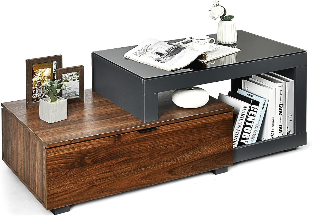 Black & Brown Rectangle Wooden Coffee Table with Toughened Glass Top & Storage Cabinet H958