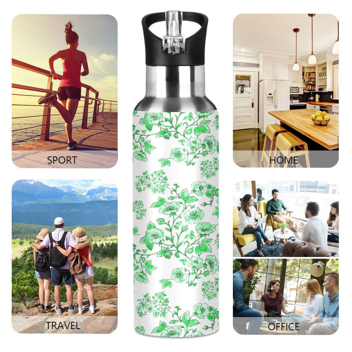 Green Peony Floral Stainless Steel Insulated Water Bottle with Straw Lid P5970