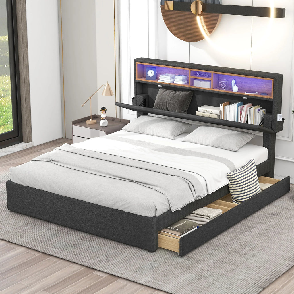 Upholstered Full Platform Bed with Shelf and 2 Drawers X269048