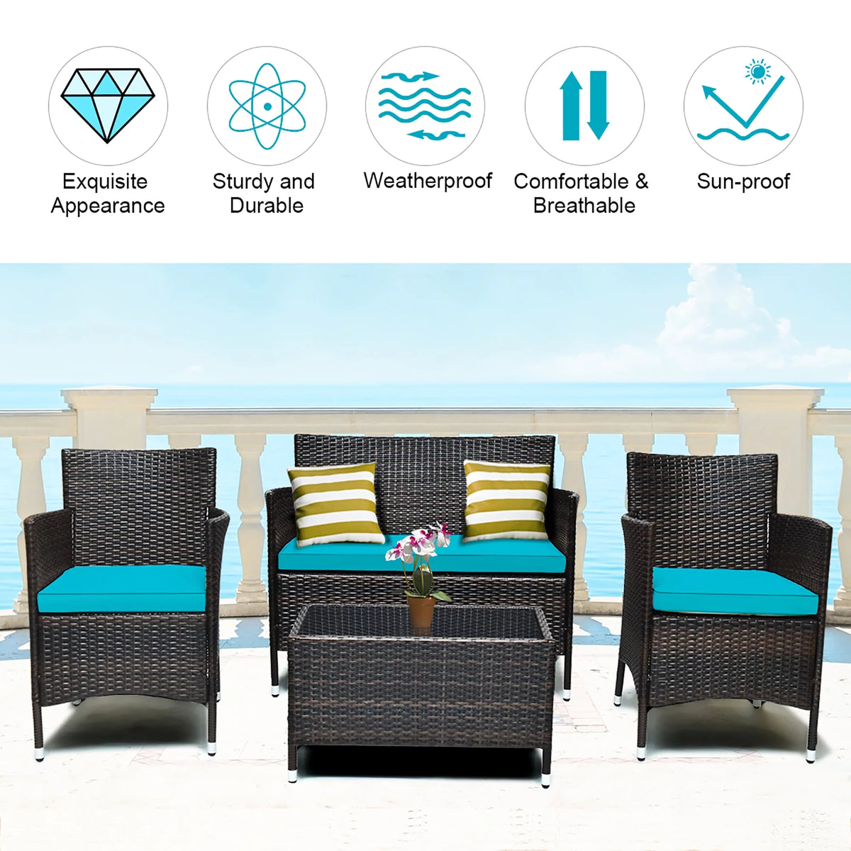 4PCS PE Rattan Wicker Patio Sofa Furniture Set With Cushion T2579